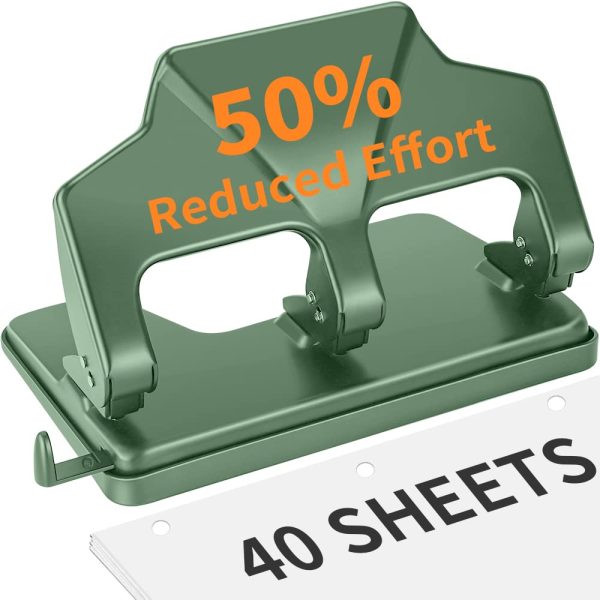 Heavy Duty 3 Hole Punch, 40-Sheet Heavy Duty Paper Punch, 50% Reduced Effort 3-Hole Punch,  Metal Hole Puncher 3 Ring, Three-Hole Paper Puncher w/Large Chip Tray for Classroom, Office, Green