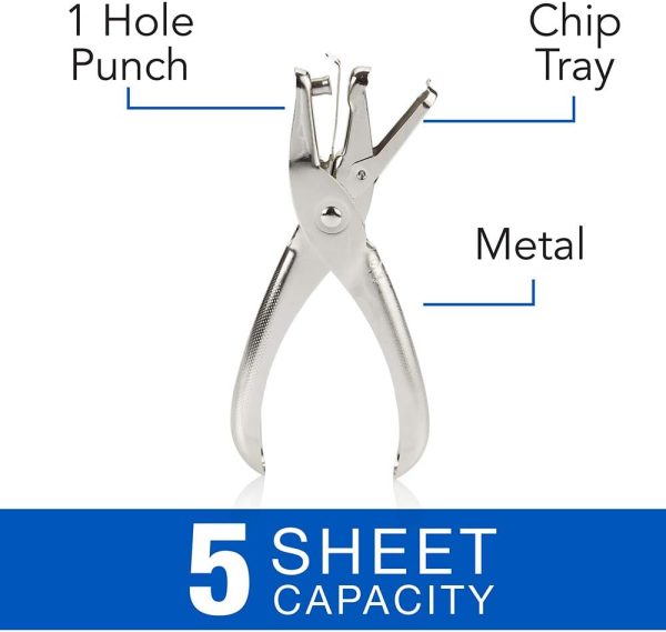 1 Hole Punch, 5 Sheet Capacity Hole Puncher, Single Hole Paper Punch, Chrome (74005) - Image 2