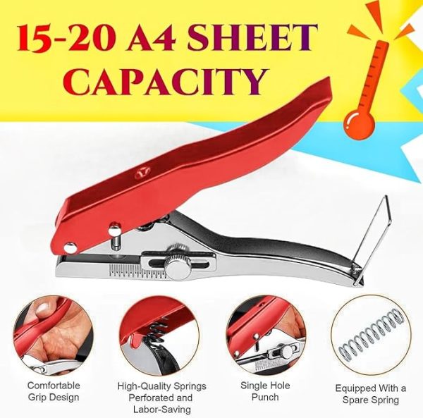 Hole Punch, Single Hole Punch Heavy Duty Hole Puncher Handheld Paper Punch Hole Puncher Single Small Hole Punch One Hole Punch for Crafts Paper Tags Cards Scrapbook-1/4 inch-6mm, Red - Image 2