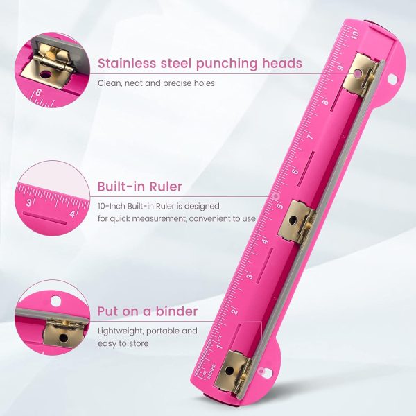 3 Hole Punch, Portable Ring Binder 3 Hole Punch, Paper Puncher with Integrated Ruler, 5 Sheets Capacity, for Ring Binders, Office and School Supplies (Deep Pink) - Image 2