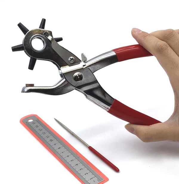 Heavy Duty Belt Hole Puncher for Leather – 6 Size Revolving Leather Hole Punch Tool with Ruler & Deburring File, Perfect for Belts, Straps, DIY Leathercraft, and Repair - Image 2