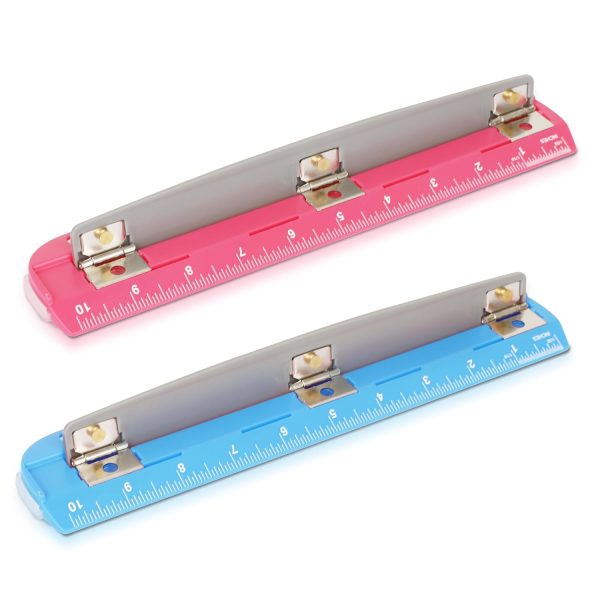 3 Hole Puncher 2 Pack - 5 Sheet Capacity Paper Punch with 10" Ruler - 3 Ring Easy-Clean Tray, Portable, Compact - Blue Pink