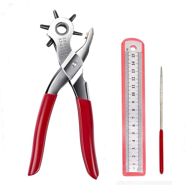 Heavy Duty Belt Hole Puncher for Leather – 6 Size Revolving Leather Hole Punch Tool with Ruler & Deburring File, Perfect for Belts, Straps, DIY Leathercraft, and Repair